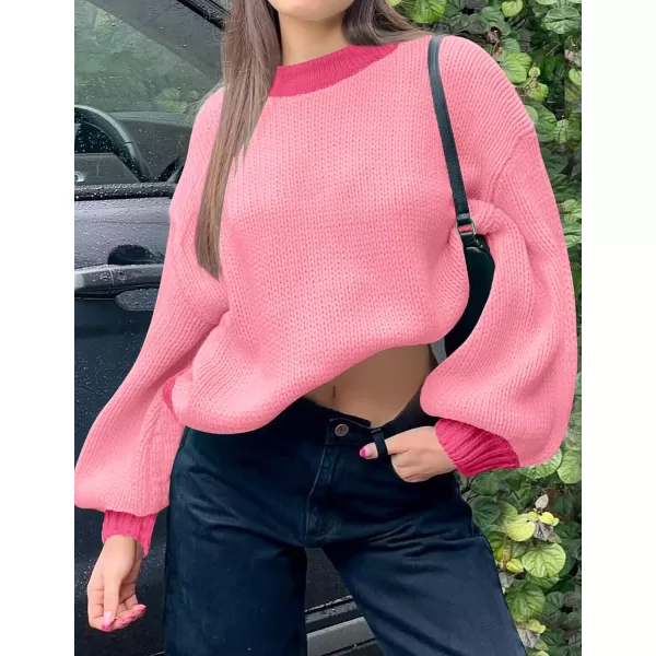 imageZESICA Womens Casual Long Sleeve Crew Neck Pullover 2024 Fall Ribbed Knit Loose Contrast Color Sweater TopsHotpink