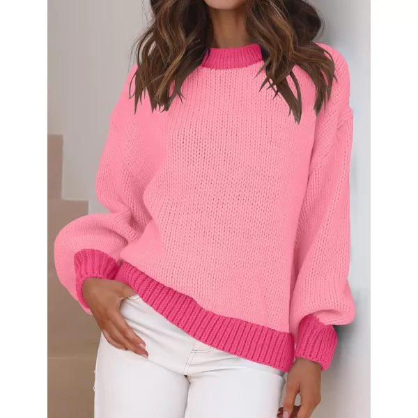 imageZESICA Womens Casual Long Sleeve Crew Neck Pullover 2024 Fall Ribbed Knit Loose Contrast Color Sweater TopsHotpink