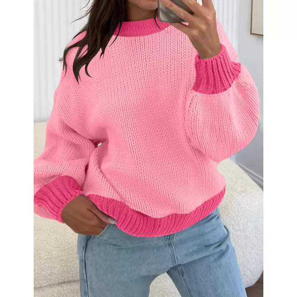 imageZESICA Womens Casual Long Sleeve Crew Neck Pullover 2024 Fall Ribbed Knit Loose Contrast Color Sweater TopsHotpink