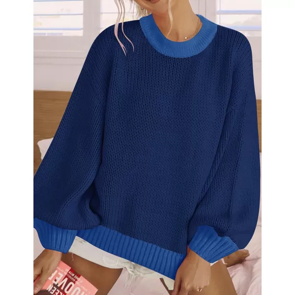 imageZESICA Womens Casual Long Sleeve Crew Neck Pullover 2024 Fall Ribbed Knit Loose Contrast Color Sweater TopsNavy
