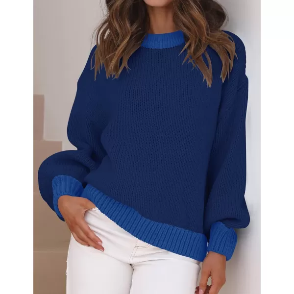 imageZESICA Womens Casual Long Sleeve Crew Neck Pullover 2024 Fall Ribbed Knit Loose Contrast Color Sweater TopsNavy