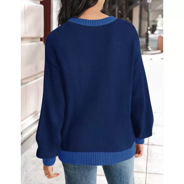 imageZESICA Womens Casual Long Sleeve Crew Neck Pullover 2024 Fall Ribbed Knit Loose Contrast Color Sweater TopsNavy