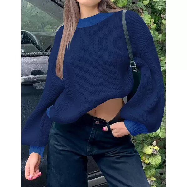imageZESICA Womens Casual Long Sleeve Crew Neck Pullover 2024 Fall Ribbed Knit Loose Contrast Color Sweater TopsNavy