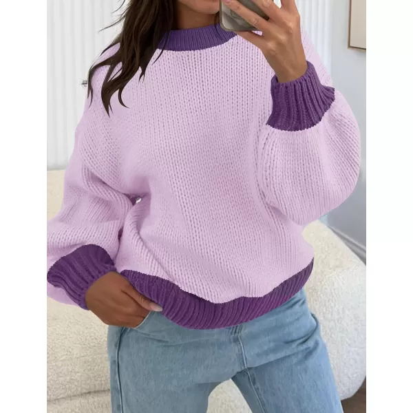 imageZESICA Womens Casual Long Sleeve Crew Neck Pullover 2024 Fall Ribbed Knit Loose Contrast Color Sweater TopsPurple