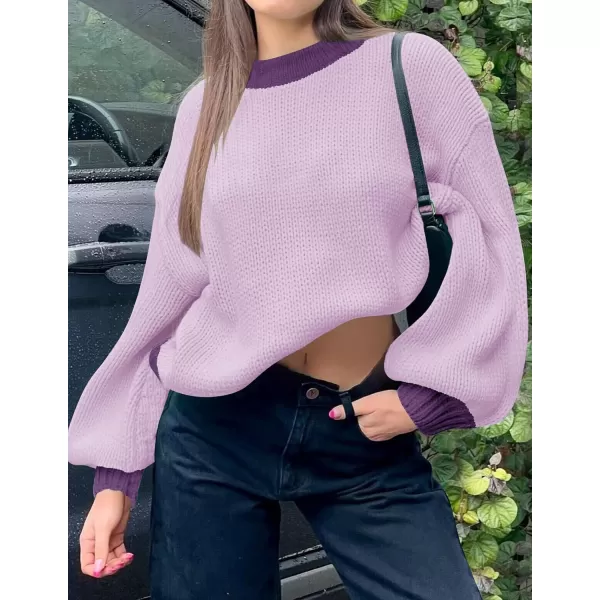 imageZESICA Womens Casual Long Sleeve Crew Neck Pullover 2024 Fall Ribbed Knit Loose Contrast Color Sweater TopsPurple