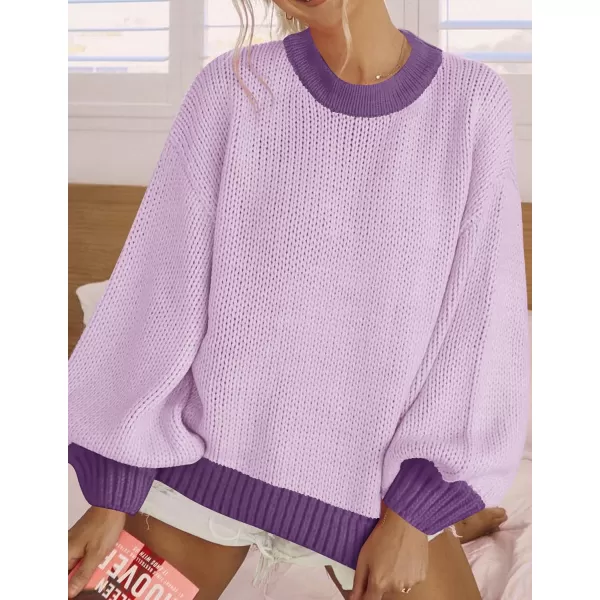 imageZESICA Womens Casual Long Sleeve Crew Neck Pullover 2024 Fall Ribbed Knit Loose Contrast Color Sweater TopsPurple
