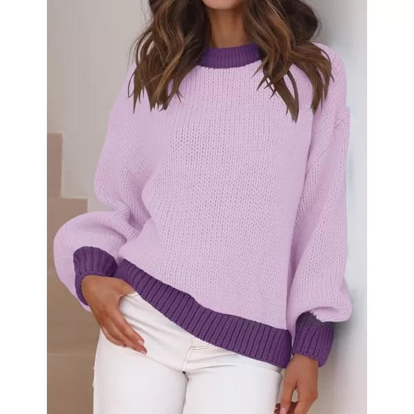 imageZESICA Womens Casual Long Sleeve Crew Neck Pullover 2024 Fall Ribbed Knit Loose Contrast Color Sweater TopsPurple