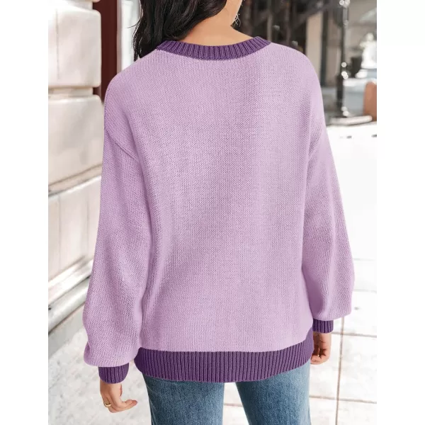 imageZESICA Womens Casual Long Sleeve Crew Neck Pullover 2024 Fall Ribbed Knit Loose Contrast Color Sweater TopsPurple