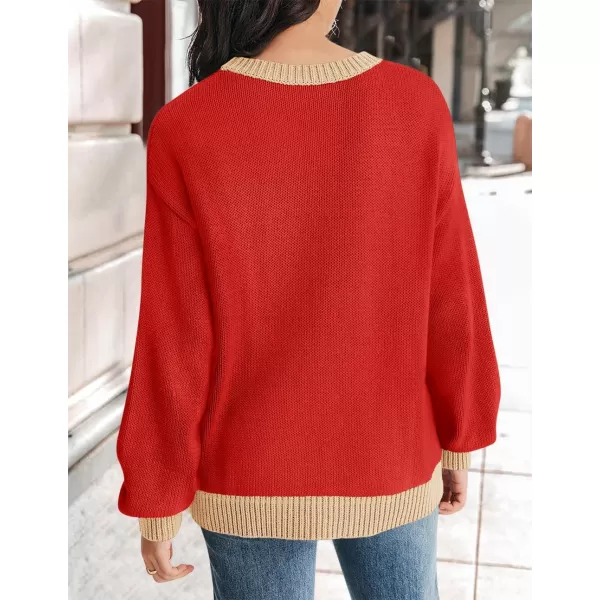 imageZESICA Womens Casual Long Sleeve Crew Neck Pullover 2024 Fall Ribbed Knit Loose Contrast Color Sweater TopsRed