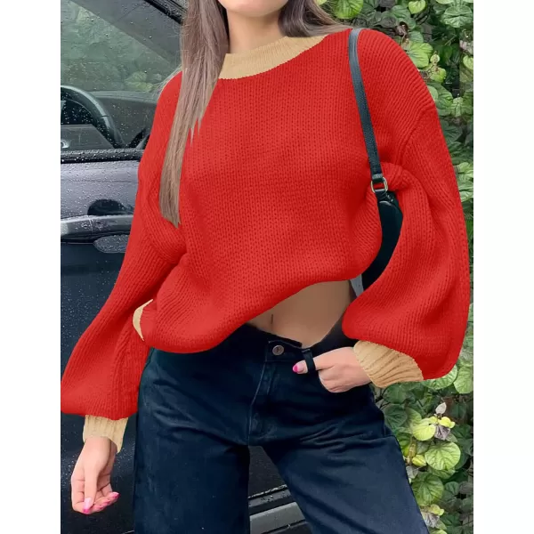 imageZESICA Womens Casual Long Sleeve Crew Neck Pullover 2024 Fall Ribbed Knit Loose Contrast Color Sweater TopsRed
