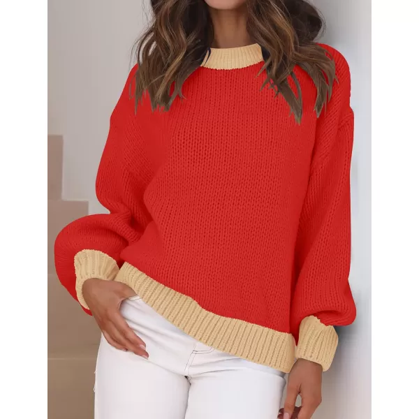 imageZESICA Womens Casual Long Sleeve Crew Neck Pullover 2024 Fall Ribbed Knit Loose Contrast Color Sweater TopsRed