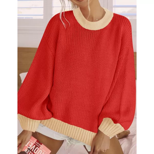 imageZESICA Womens Casual Long Sleeve Crew Neck Pullover 2024 Fall Ribbed Knit Loose Contrast Color Sweater TopsRed