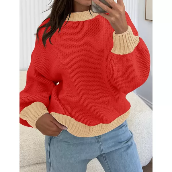 imageZESICA Womens Casual Long Sleeve Crew Neck Pullover 2024 Fall Ribbed Knit Loose Contrast Color Sweater TopsRed