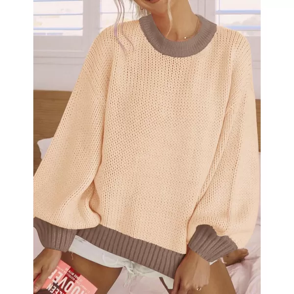 imageZESICA Womens Casual Long Sleeve Crew Neck Pullover 2024 Fall Ribbed Knit Loose Contrast Color Sweater TopsToffee