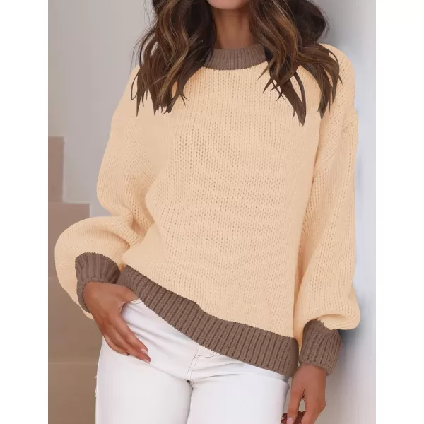 imageZESICA Womens Casual Long Sleeve Crew Neck Pullover 2024 Fall Ribbed Knit Loose Contrast Color Sweater TopsToffee