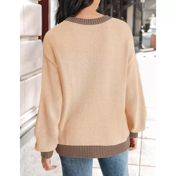 imageZESICA Womens Casual Long Sleeve Crew Neck Pullover 2024 Fall Ribbed Knit Loose Contrast Color Sweater TopsToffee