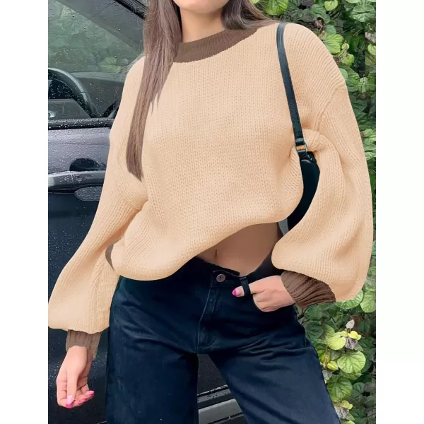 imageZESICA Womens Casual Long Sleeve Crew Neck Pullover 2024 Fall Ribbed Knit Loose Contrast Color Sweater TopsToffee