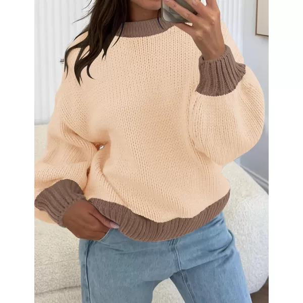 imageZESICA Womens Casual Long Sleeve Crew Neck Pullover 2024 Fall Ribbed Knit Loose Contrast Color Sweater TopsToffee
