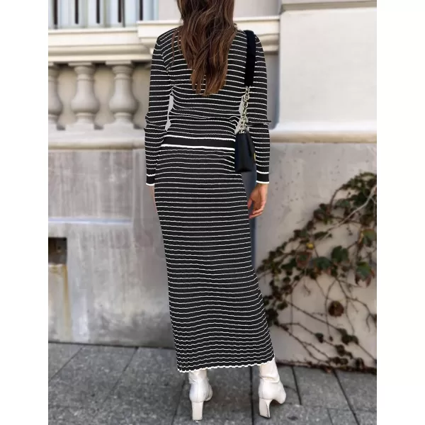 imageZESICA Womens Fall Two Piece Outfits Casual Long Sleeve Striped Sweater Cardigan and Maxi Skirts Matching Lounge SetsBlack