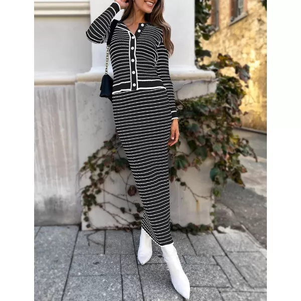 imageZESICA Womens Fall Two Piece Outfits Casual Long Sleeve Striped Sweater Cardigan and Maxi Skirts Matching Lounge SetsBlack