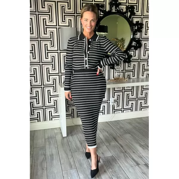 imageZESICA Womens Fall Two Piece Outfits Casual Long Sleeve Striped Sweater Cardigan and Maxi Skirts Matching Lounge SetsBlack