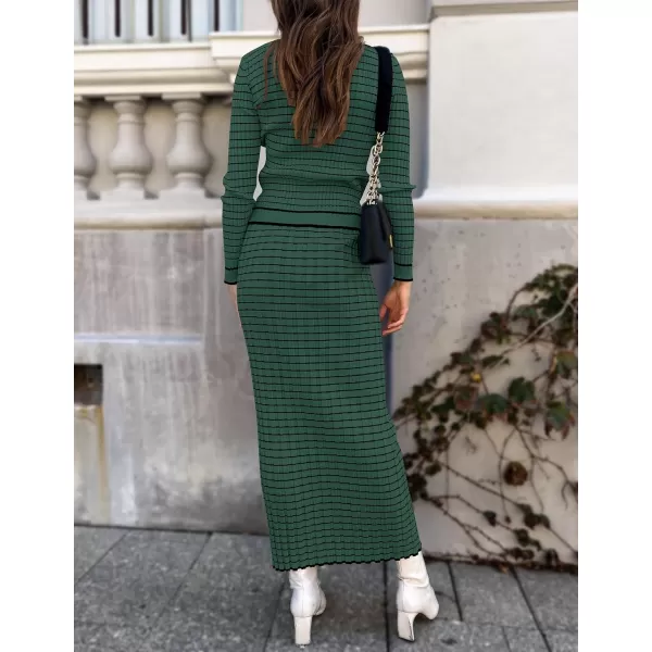 imageZESICA Womens Fall Two Piece Outfits Casual Long Sleeve Striped Sweater Cardigan and Maxi Skirts Matching Lounge SetsDark Green