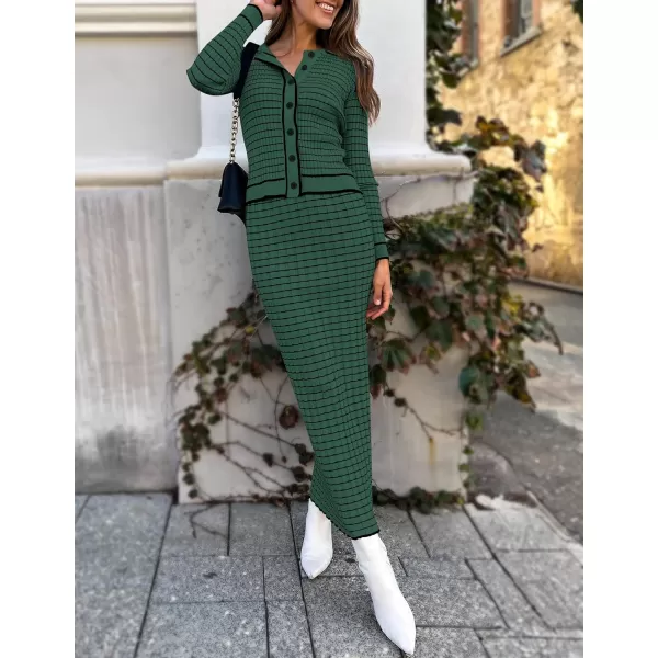 imageZESICA Womens Fall Two Piece Outfits Casual Long Sleeve Striped Sweater Cardigan and Maxi Skirts Matching Lounge SetsDark Green