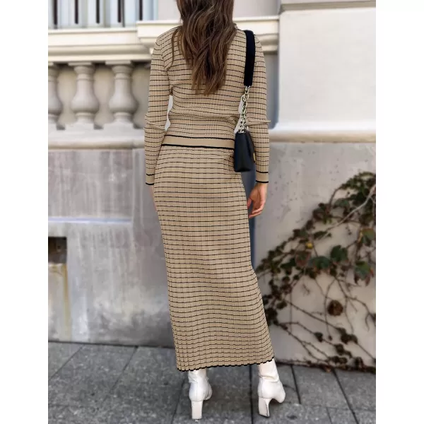 imageZESICA Womens Fall Two Piece Outfits Casual Long Sleeve Striped Sweater Cardigan and Maxi Skirts Matching Lounge SetsKhaki