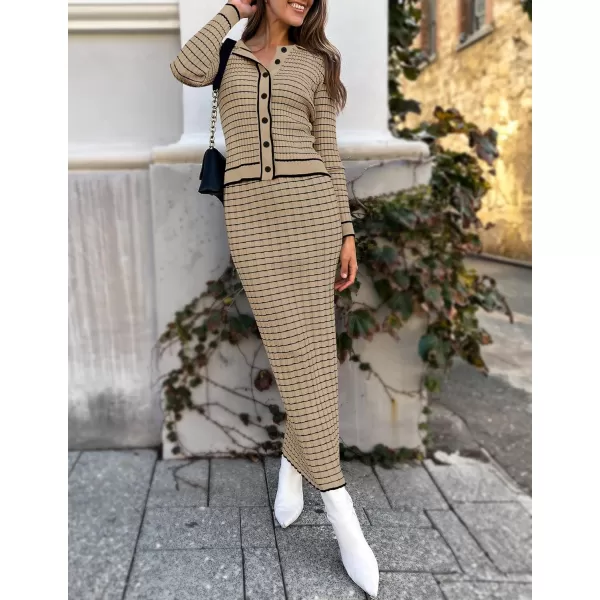 imageZESICA Womens Fall Two Piece Outfits Casual Long Sleeve Striped Sweater Cardigan and Maxi Skirts Matching Lounge SetsKhaki