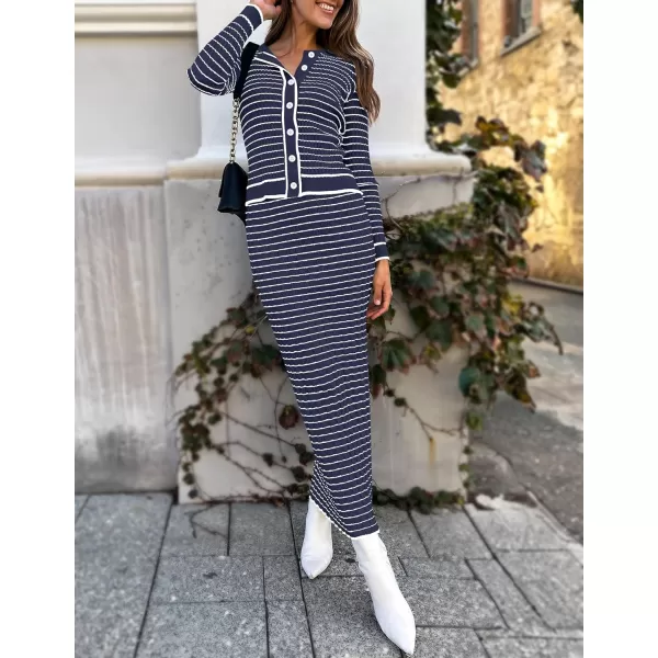 imageZESICA Womens Fall Two Piece Outfits Casual Long Sleeve Striped Sweater Cardigan and Maxi Skirts Matching Lounge SetsNavy