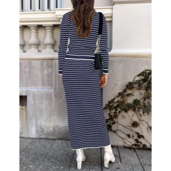 imageZESICA Womens Fall Two Piece Outfits Casual Long Sleeve Striped Sweater Cardigan and Maxi Skirts Matching Lounge SetsNavy