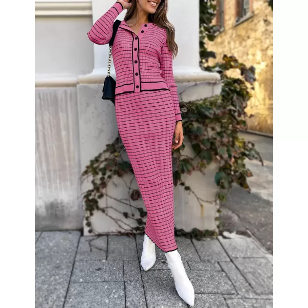 imageZESICA Womens Fall Two Piece Outfits Casual Long Sleeve Striped Sweater Cardigan and Maxi Skirts Matching Lounge SetsPink