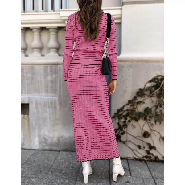 imageZESICA Womens Fall Two Piece Outfits Casual Long Sleeve Striped Sweater Cardigan and Maxi Skirts Matching Lounge SetsPink