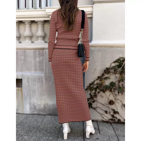 imageZESICA Womens Fall Two Piece Outfits Casual Long Sleeve Striped Sweater Cardigan and Maxi Skirts Matching Lounge SetsRust Red
