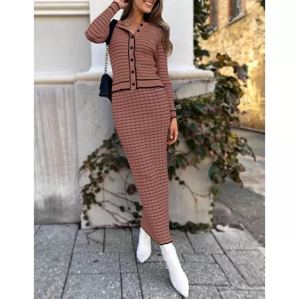 imageZESICA Womens Fall Two Piece Outfits Casual Long Sleeve Striped Sweater Cardigan and Maxi Skirts Matching Lounge SetsRust Red