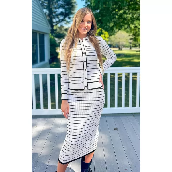imageZESICA Womens Fall Two Piece Outfits Casual Long Sleeve Striped Sweater Cardigan and Maxi Skirts Matching Lounge SetsWhite