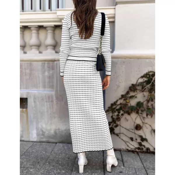 imageZESICA Womens Fall Two Piece Outfits Casual Long Sleeve Striped Sweater Cardigan and Maxi Skirts Matching Lounge SetsWhite
