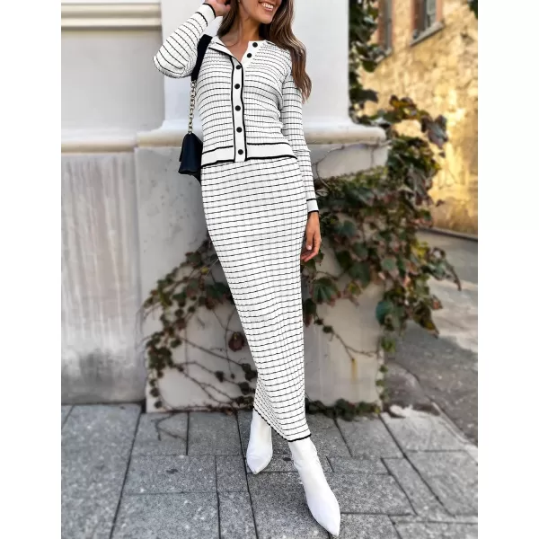 imageZESICA Womens Fall Two Piece Outfits Casual Long Sleeve Striped Sweater Cardigan and Maxi Skirts Matching Lounge SetsWhite