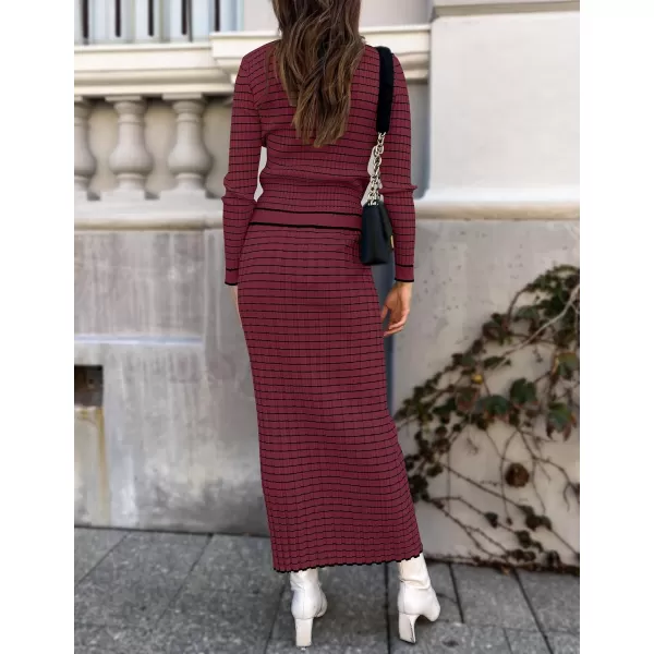 imageZESICA Womens Fall Two Piece Outfits Casual Long Sleeve Striped Sweater Cardigan and Maxi Skirts Matching Lounge SetsWine