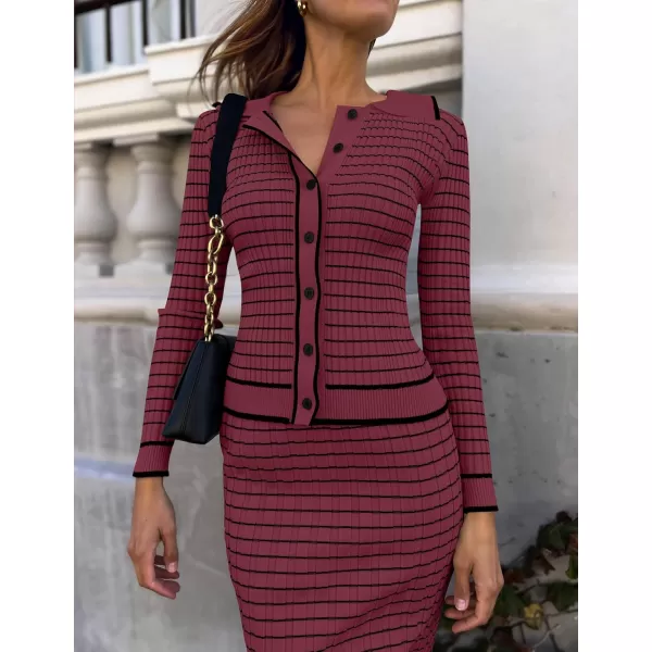 imageZESICA Womens Fall Two Piece Outfits Casual Long Sleeve Striped Sweater Cardigan and Maxi Skirts Matching Lounge SetsWine