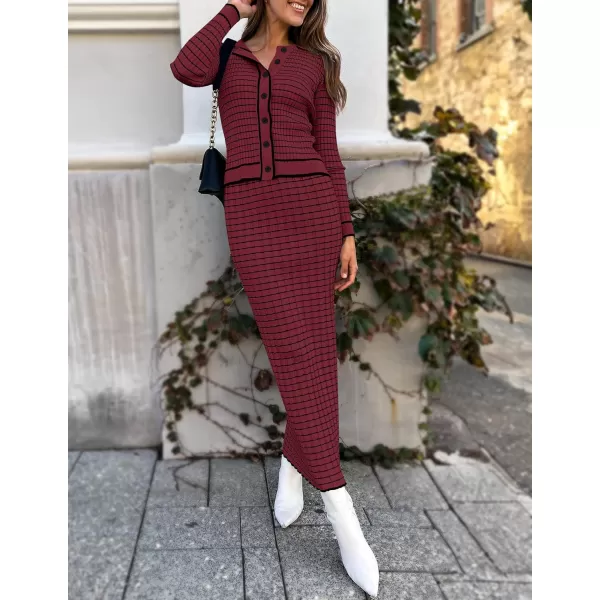 imageZESICA Womens Fall Two Piece Outfits Casual Long Sleeve Striped Sweater Cardigan and Maxi Skirts Matching Lounge SetsWine