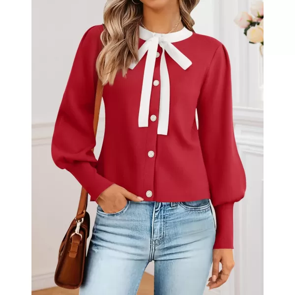 imageZESICA Womens Fall Winter Cardigan Sweaters Long Lantern Sleeve Open Front Button Down Comfy Knitted Outerwear CoatRed