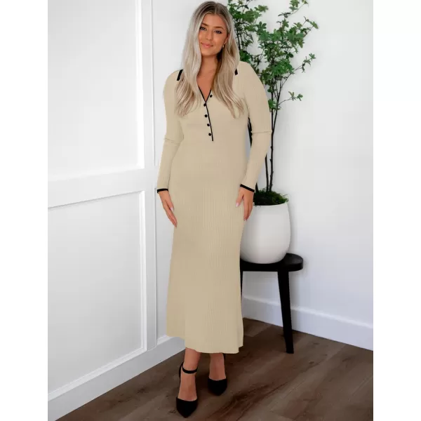 imageZESICA Womens Long Sleeve Sweater Dress 2024 Fall V Neck Ribbed Knit Casual Formal Cocktail Bodycon Maxi DressesApricot