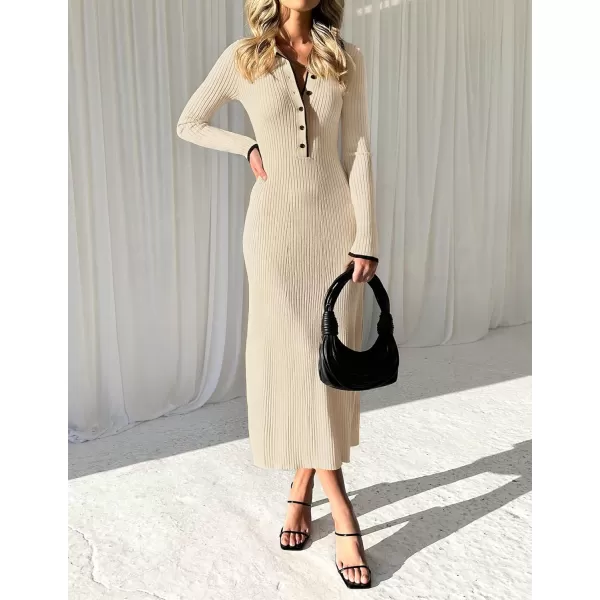 imageZESICA Womens Long Sleeve Sweater Dress 2024 Fall V Neck Ribbed Knit Casual Formal Cocktail Bodycon Maxi DressesApricot