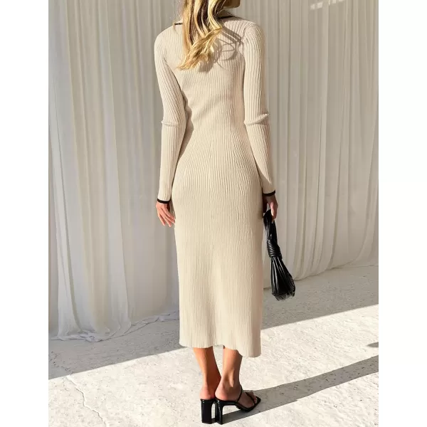 imageZESICA Womens Long Sleeve Sweater Dress 2024 Fall V Neck Ribbed Knit Casual Formal Cocktail Bodycon Maxi DressesApricot
