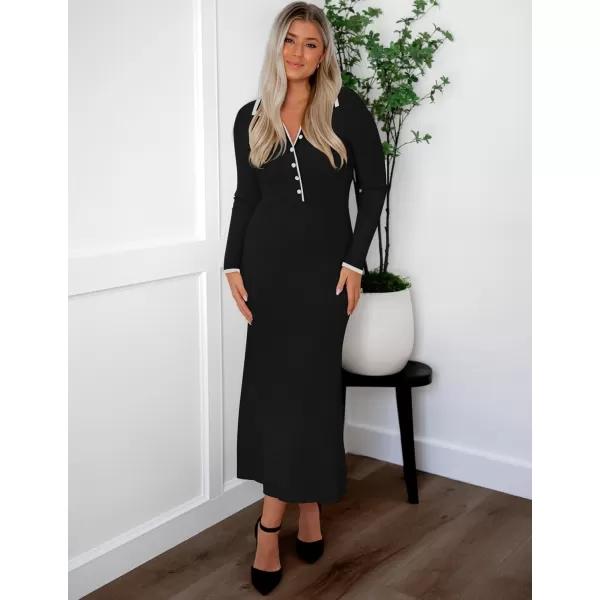 imageZESICA Womens Long Sleeve Sweater Dress 2024 Fall V Neck Ribbed Knit Casual Formal Cocktail Bodycon Maxi DressesBlack