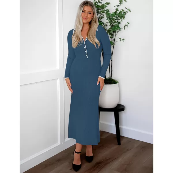 imageZESICA Womens Long Sleeve Sweater Dress 2024 Fall V Neck Ribbed Knit Casual Formal Cocktail Bodycon Maxi DressesDark Blue
