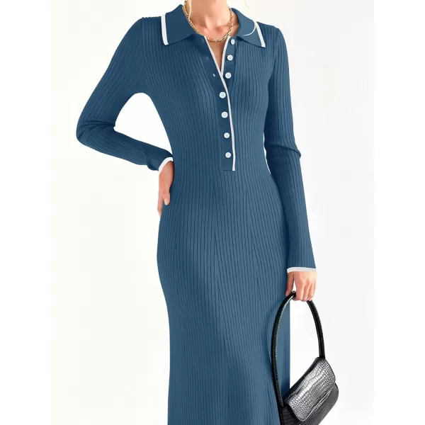 imageZESICA Womens Long Sleeve Sweater Dress 2024 Fall V Neck Ribbed Knit Casual Formal Cocktail Bodycon Maxi DressesDark Blue