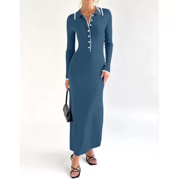 imageZESICA Womens Long Sleeve Sweater Dress 2024 Fall V Neck Ribbed Knit Casual Formal Cocktail Bodycon Maxi DressesDark Blue