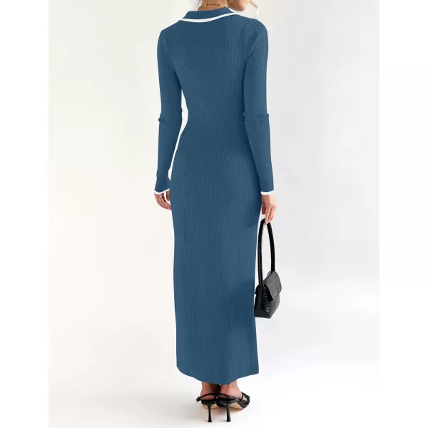 imageZESICA Womens Long Sleeve Sweater Dress 2024 Fall V Neck Ribbed Knit Casual Formal Cocktail Bodycon Maxi DressesDark Blue